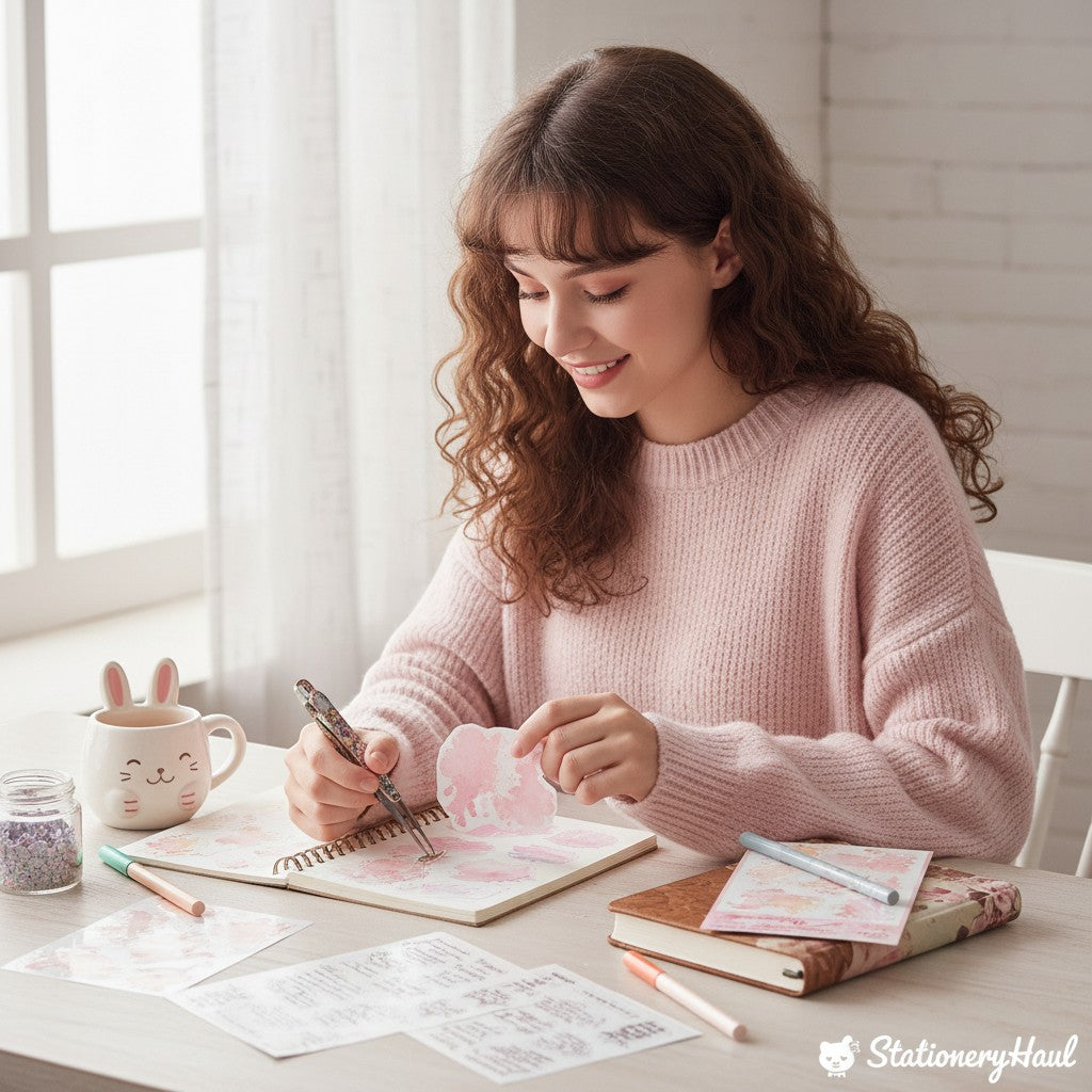 StationeryHaul Romance Watercolor Sticker Set with pink, yellow, and green abstract designs on PET material for journaling.