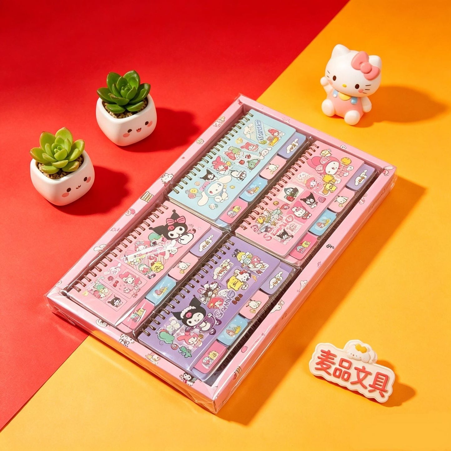 StationeryHaul Sanrio character coil notebooks featuring Hello Kitty, My Melody, and Kuromi in a gift box set
