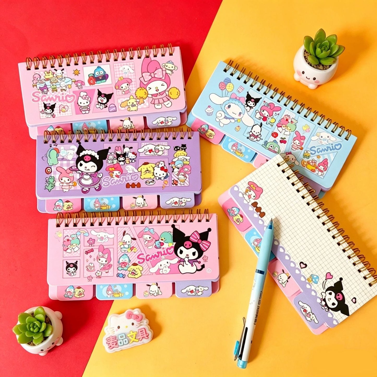 StationeryHaul Sanrio character coil notebooks featuring Miffy, Hello Kitty, and Rilakkuma in pastel colors.