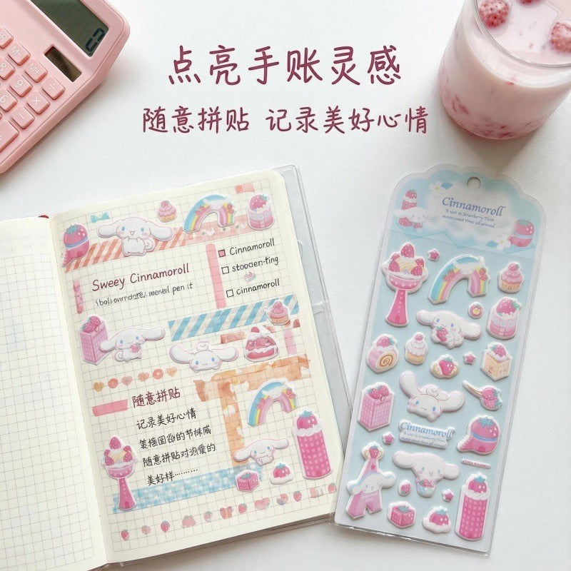 StationeryHaul Sanrio Characters Cinnamoroll stickers on a planner page and sheet. Waterproof PVC stickers feature Cinnamoroll, rainbows, and desserts.