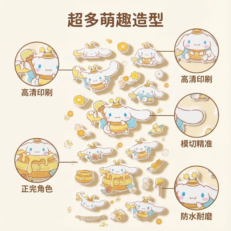StationeryHaul Sanrio Characters sticker set featuring Cinnamoroll in various cute poses with honey and flowers. Waterproof PVC.