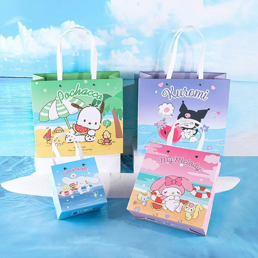 StationeryHaul Sanrio Characters gift bags set featuring Pochacco, Kuromi, Cinnamoroll, and My Melody on beach-themed backgrounds. Paper bags with handles.