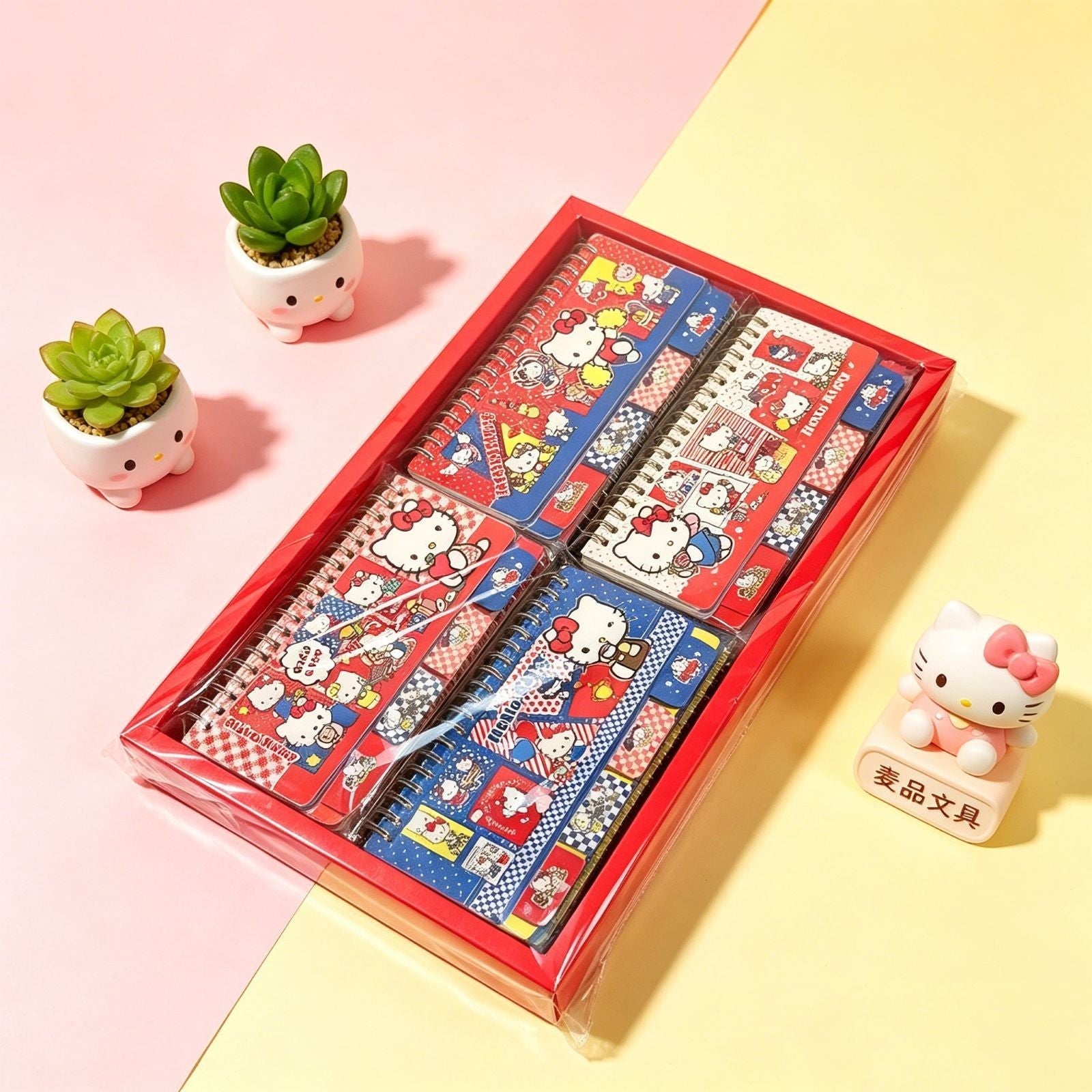 StationeryHaul Sanrio Hello Kitty spiral coil notebooks featuring colorful character designs in a gift box set