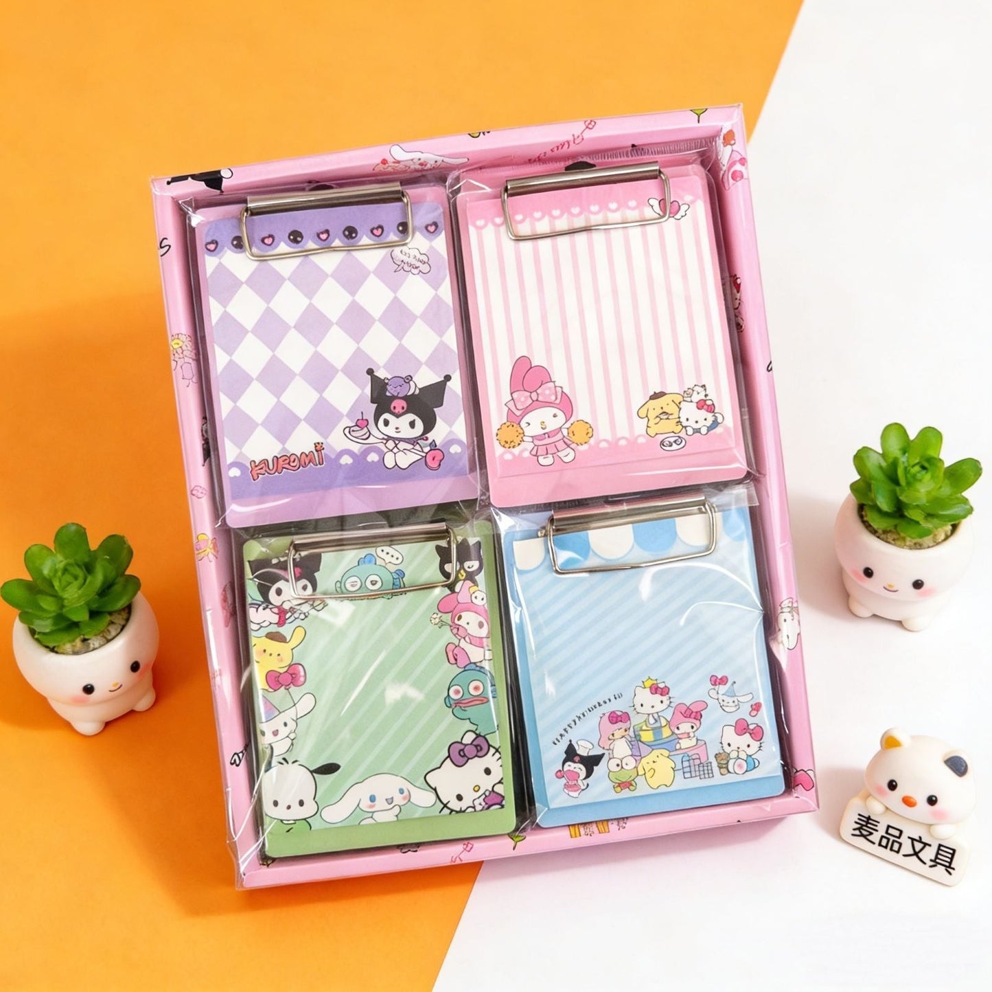 StationeryHaul cute Sanrio character memo pad set with four colorful clipboards and patterned note pages