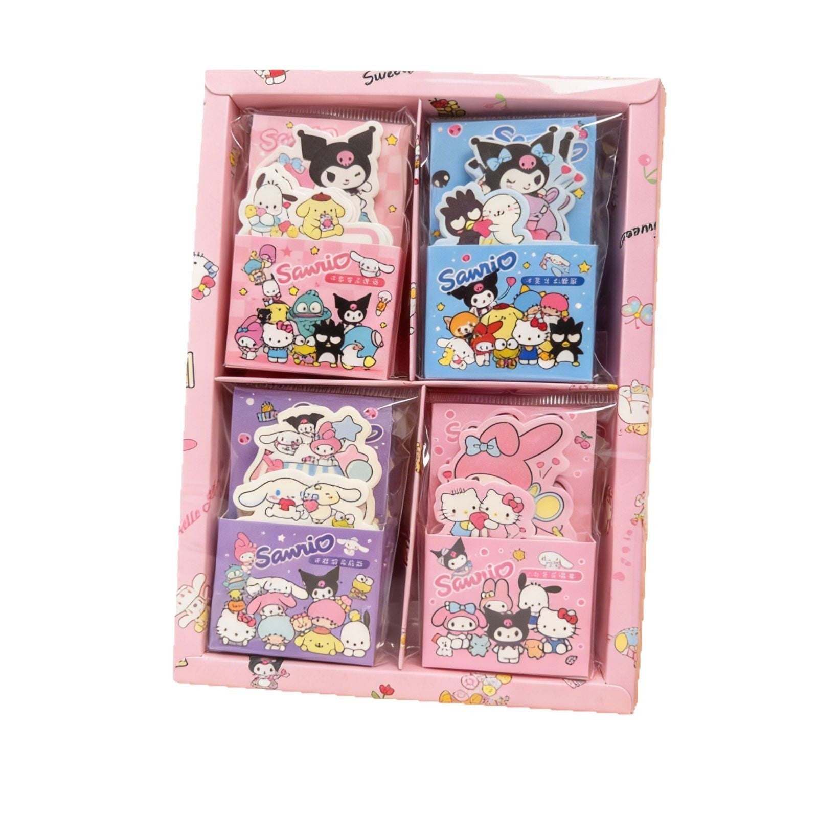 StationeryHaul Sanrio character pocket note paper books in a pink display box featuring Hello Kitty and friends