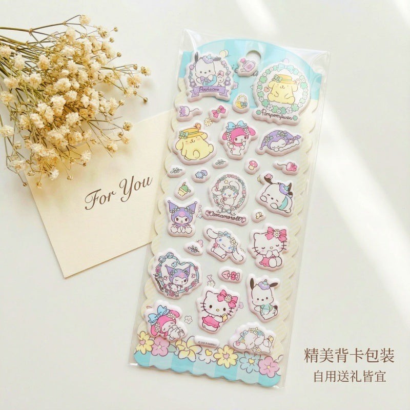 StationeryHaul Sanrio Characters sticker set featuring Hello Kitty, Cinnamoroll, Kuromi, and Pompompurin on waterproof PVC material.