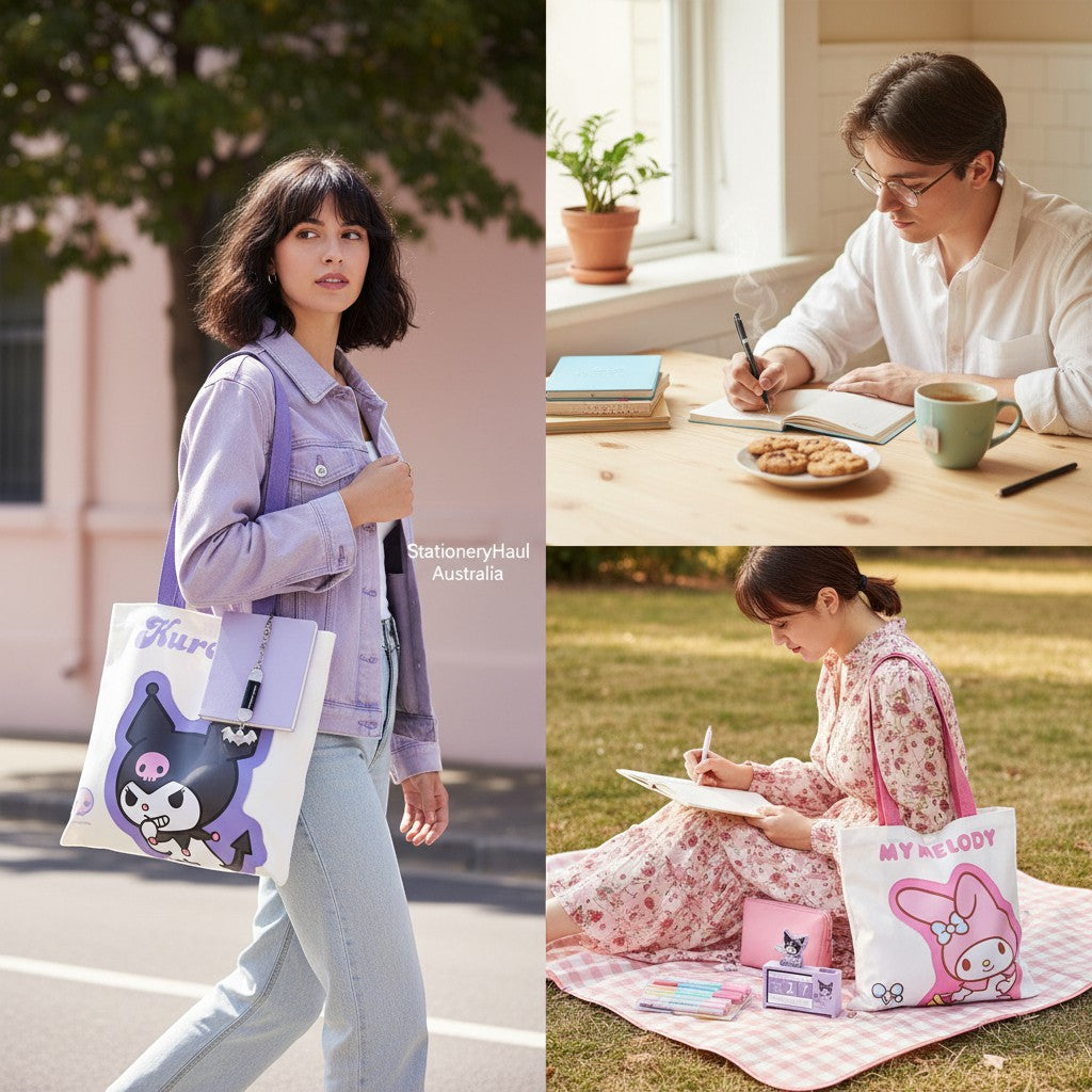 StationeryHaul Australia white canvas tote bags featuring Kuromi and My Melody characters, perfect for everyday use.