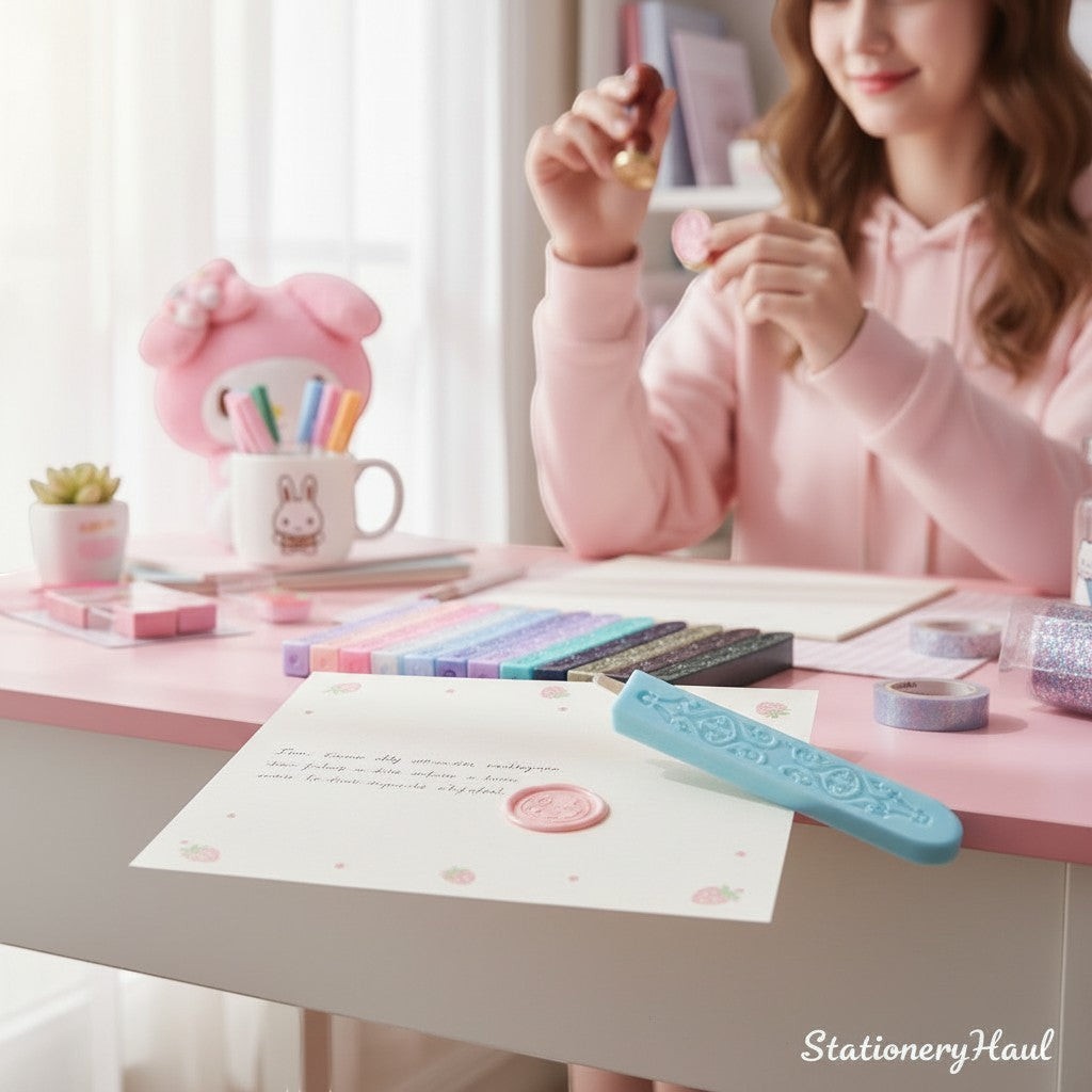 StationeryHaul pink sealing wax stick with ornate blue handle on a letter with a pink wax seal.