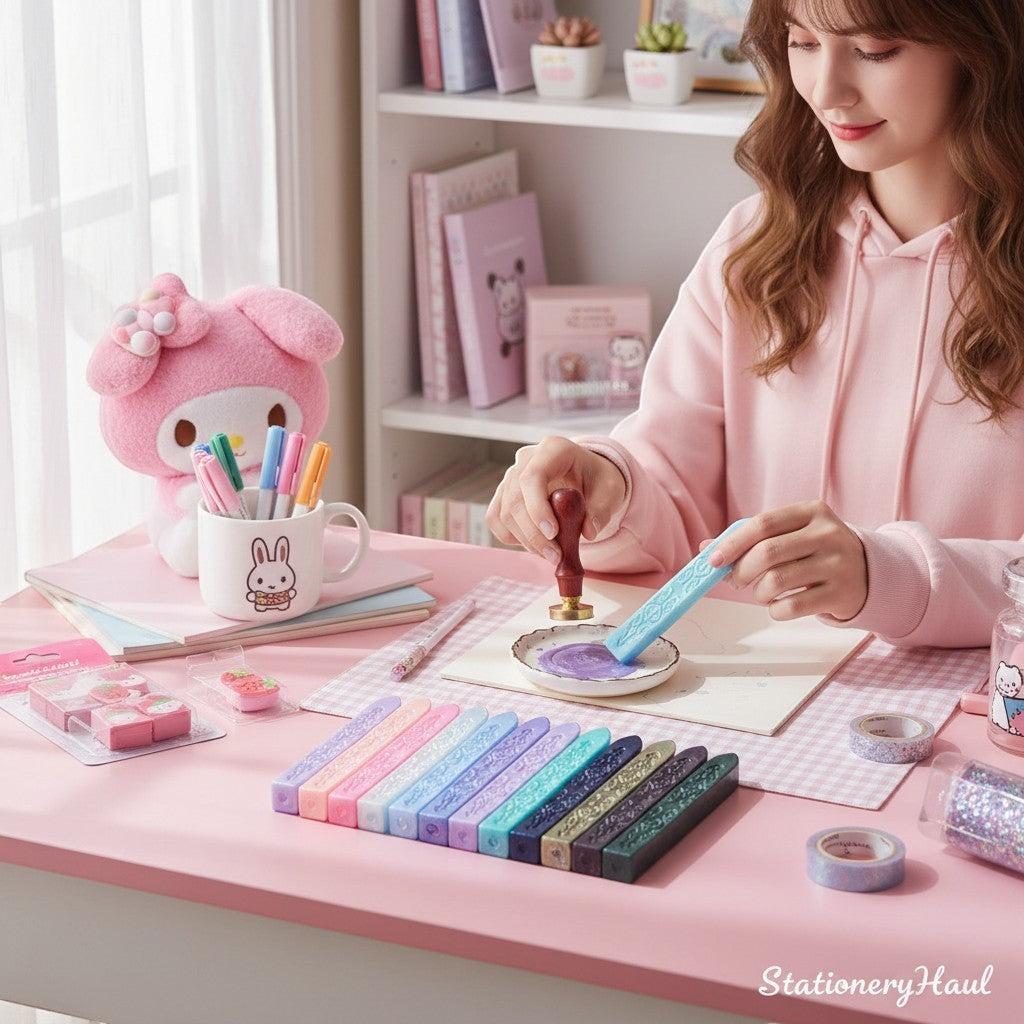 StationeryHaul sealing wax sticks in pastel shades of pink, purple, blue, teal, and green, arranged neatly on a pink desk.
