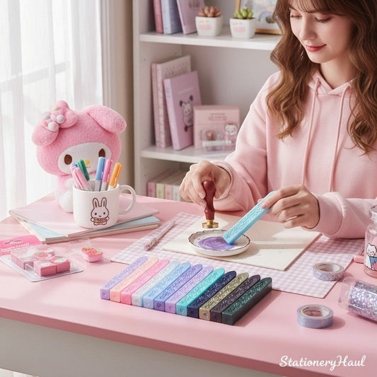 StationeryHaul sealing wax sticks in pastel shades of pink, purple, blue, teal, and green, arranged neatly on a pink desk.