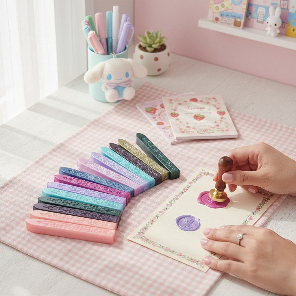 StationeryHaul pastel sealing wax sticks in pink, purple, blue, teal, gold, and green, with a hand stamping a wax seal.