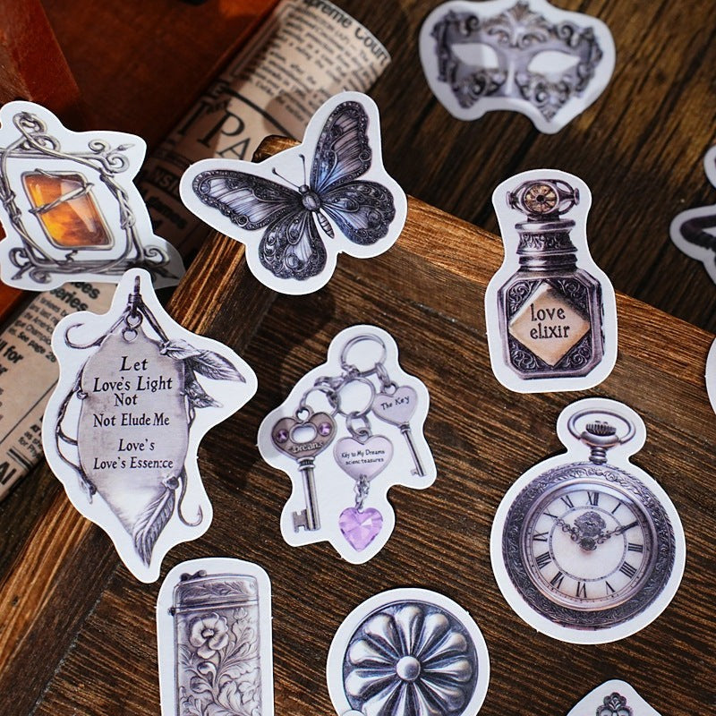 StationeryHaul Vintage Steampunk Decorative Sticker Set with ornate masks, keys, pocket watches, potion bottles, butterflies, lanterns, gears, and script.