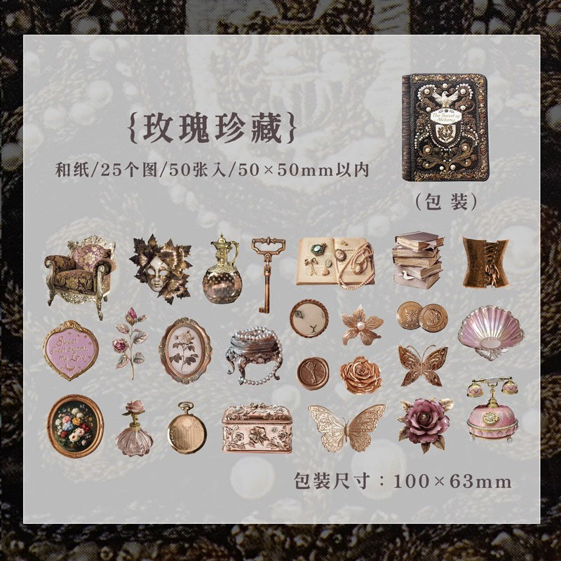 StationeryHaul Vintage Steampunk Decorative Sticker Set with ornate masks, keys, pocket watches, butterflies, and more.