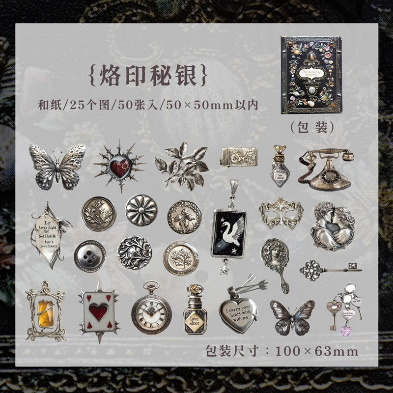 StationeryHaul Vintage Steampunk Decorative Sticker Set with ornate masks, keys, pocket watches, potion bottles, butterflies, gears, and script.