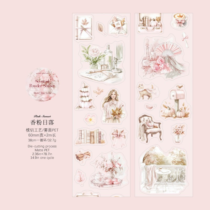 StationeryHaul Sugar Poem PET die-cutting tape featuring retro pink sunset illustrations of flowers and vintage decor.