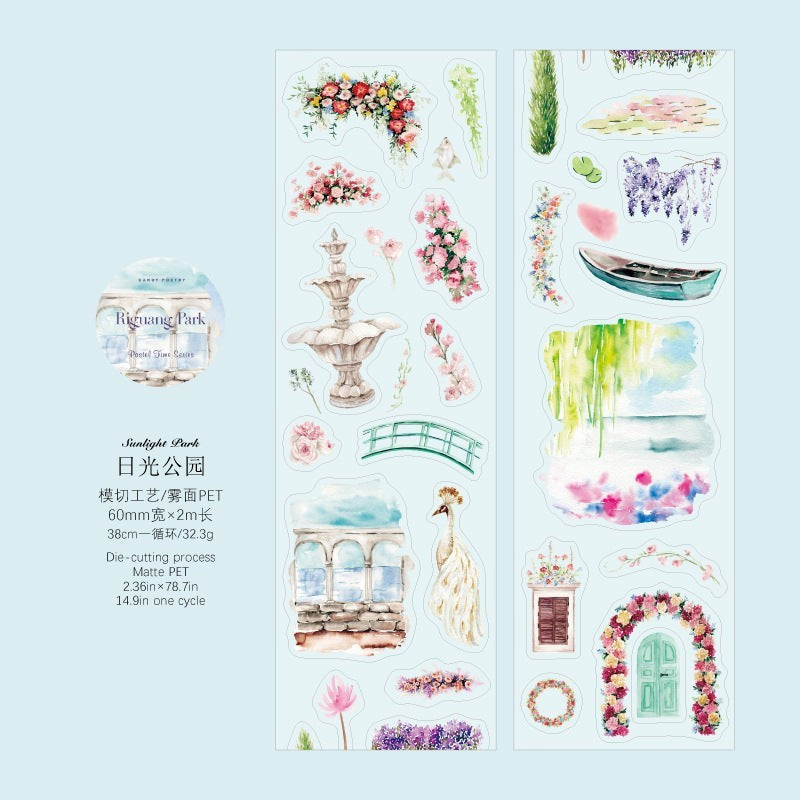 StationeryHaul Sugar Poem PET die-cutting tape featuring retro watercolor park illustrations and floral designs