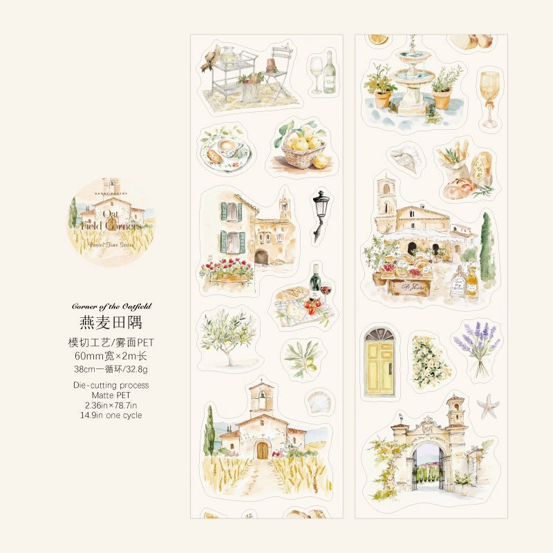 StationeryHaul Sugar Poem PET die-cutting tape featuring retro watercolor illustrations of Mediterranean landscapes