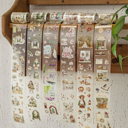StationeryHaul Sugar Poem PET white ink die-cutting tape rolls featuring retro watercolor illustrations for DIY crafts