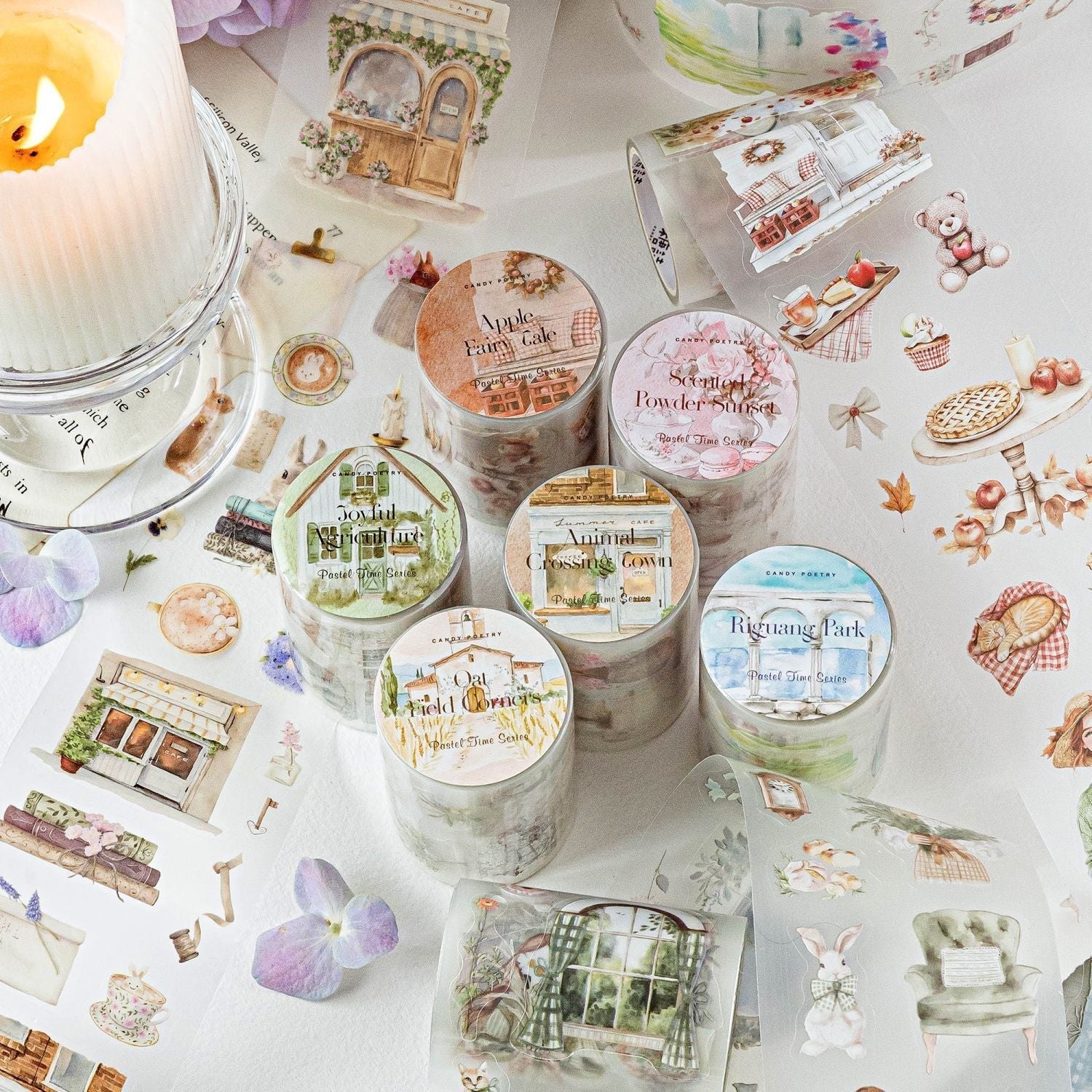 StationeryHaul Sugar Poem PET white ink die-cutting tape rolls featuring retro style illustrations for DIY journaling