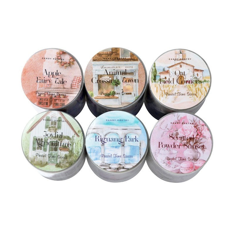 StationeryHaul Sugar Poem PET white ink die-cutting tape set featuring six retro-style pastel landscape designs.