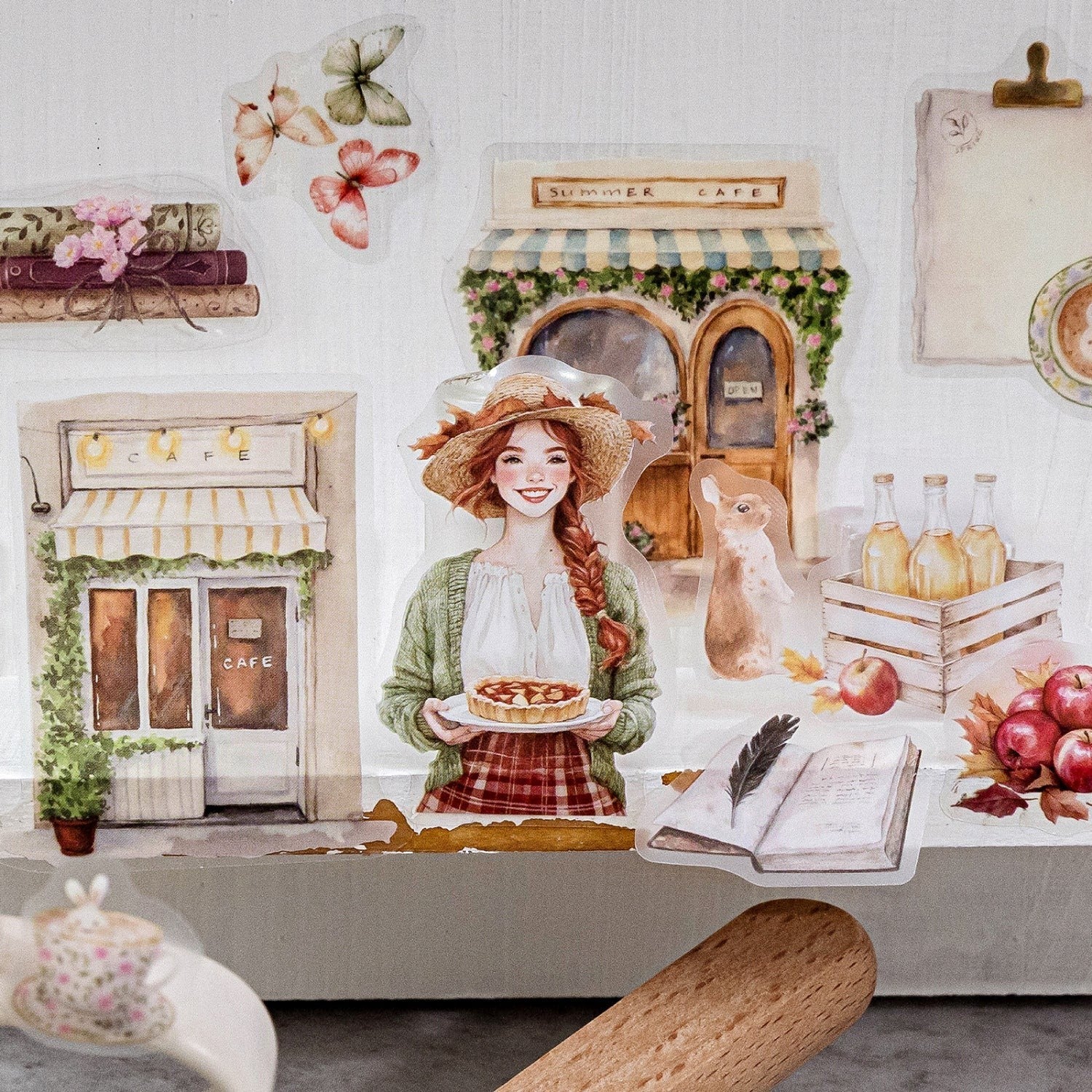 StationeryHaul Sugar Poem PET die-cutting tape featuring retro cafe, girl with pie, and autumn nature illustrations.