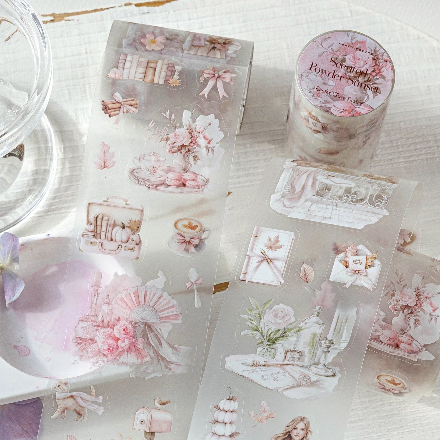 StationeryHaul Sugar Poem PET die-cutting tape featuring retro pink floral, coffee, and stationery illustrations.