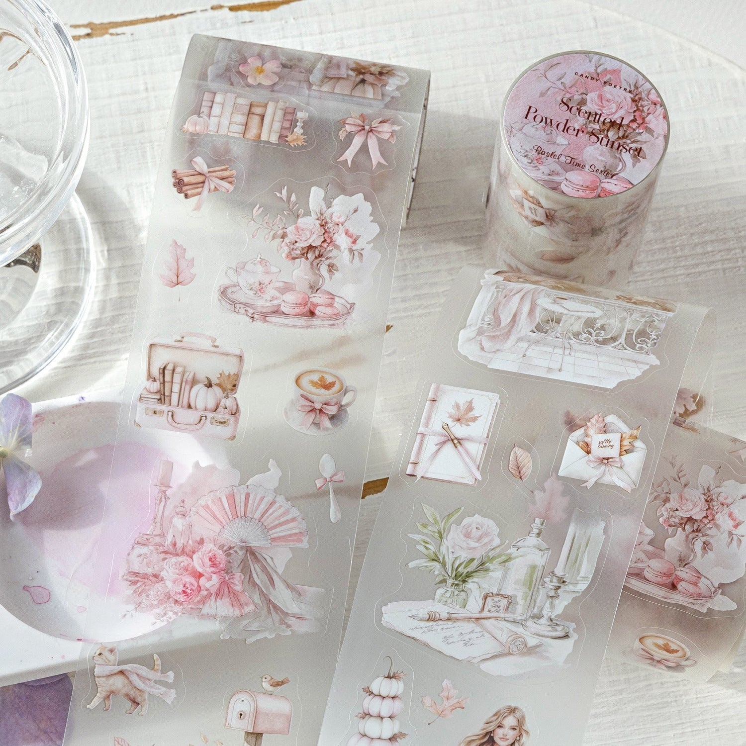 StationeryHaul Sugar Poem PET die-cutting tape featuring retro pink floral, coffee, and stationery illustrations.