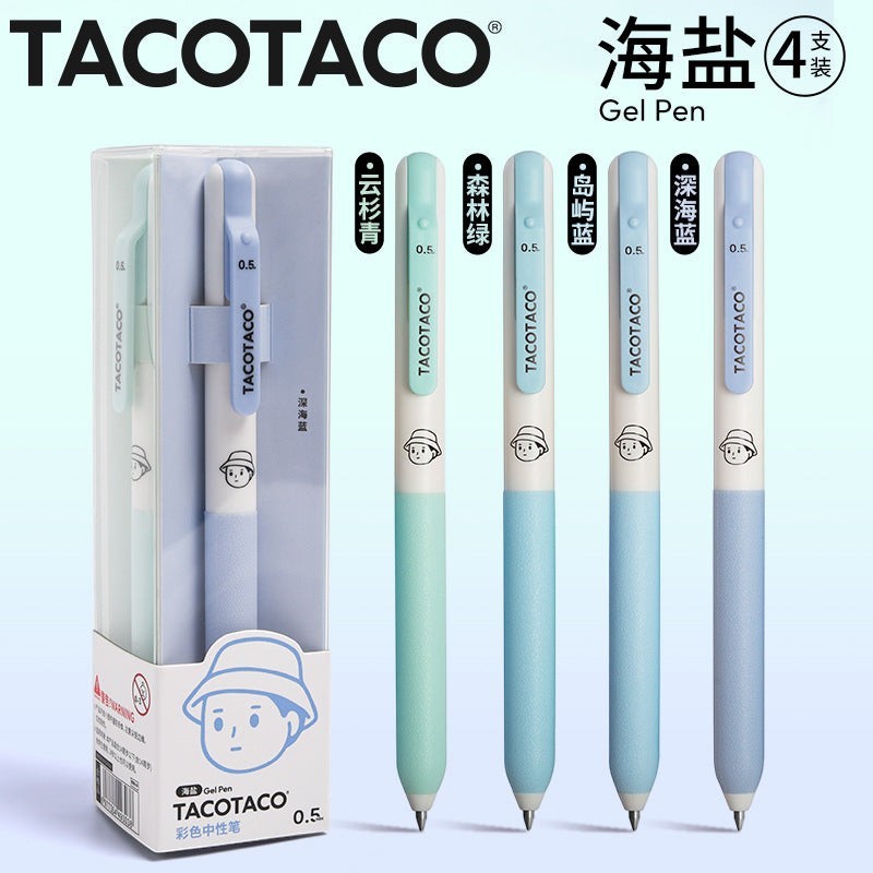 StationeryHaul TacoTaco 0.5mm gel pen set in four neutral blue and green shades with cute character barrel designs