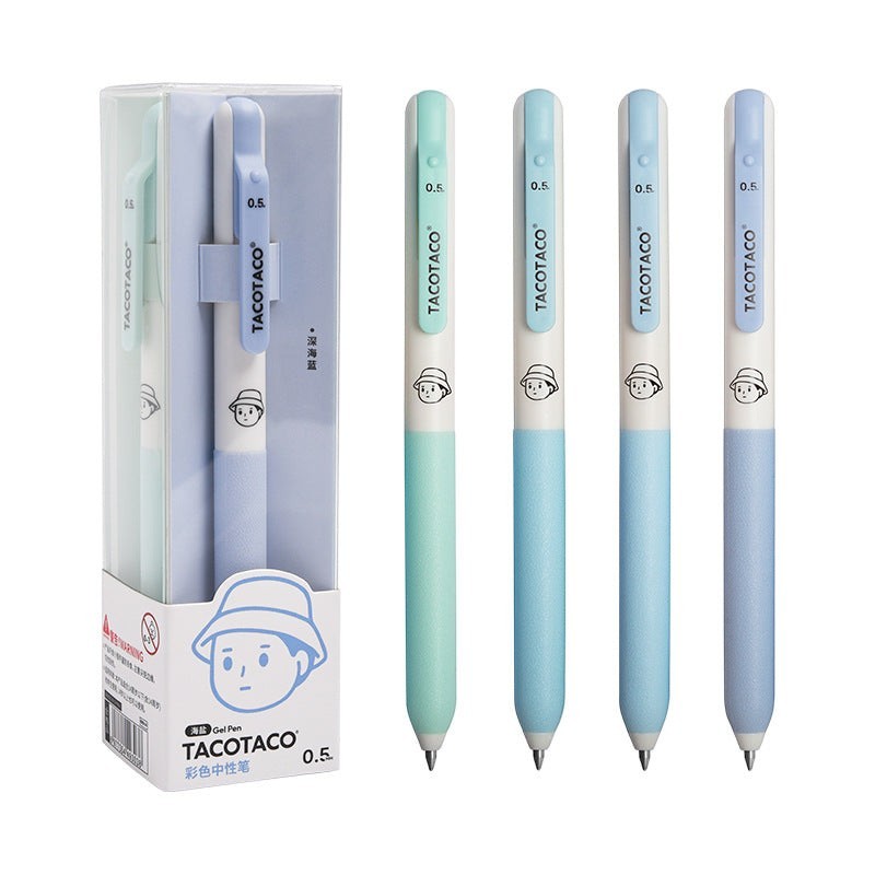 StationeryHaul TacoTaco 0.5mm gel pen set in four neutral blue and green shades with cute bucket hat character design