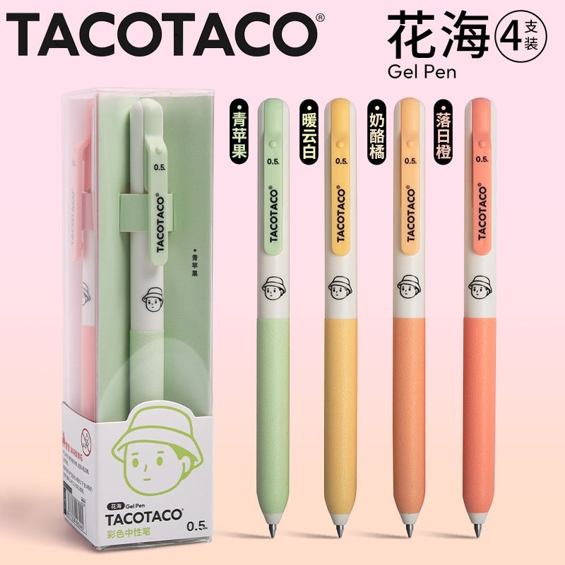 StationeryHaul TacoTaco 0.5mm gel pen set in four pastel colors with cute character print and soft grip barrels.