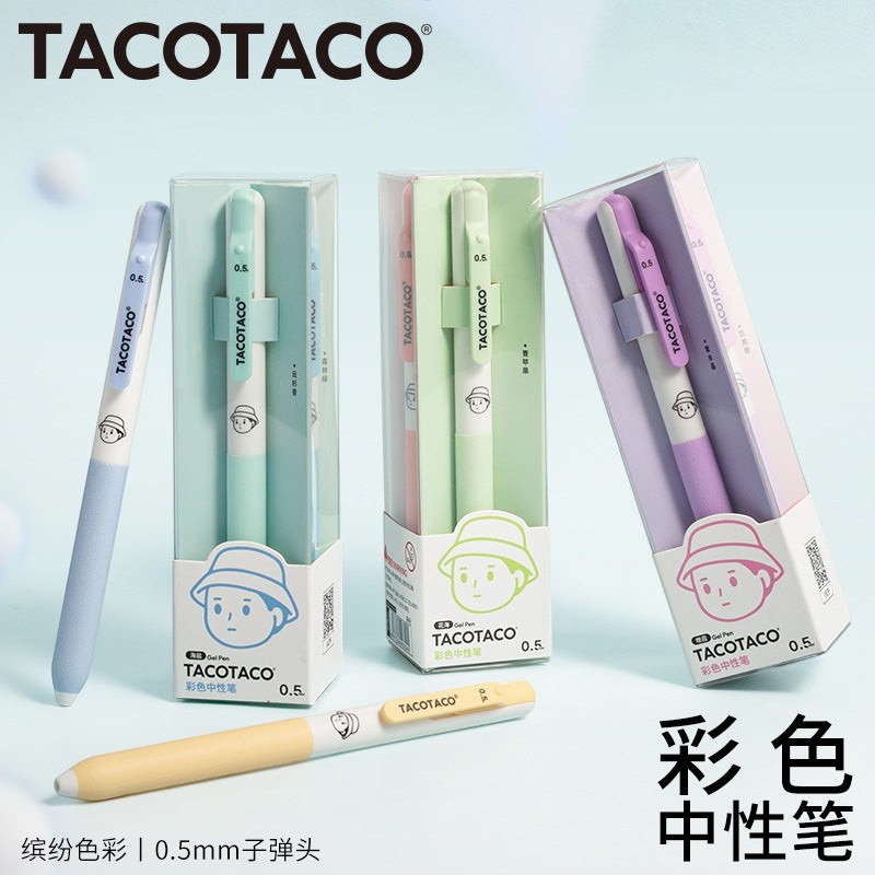 StationeryHaul TacoTaco 0.5mm gel pens in a 4-pack set with pastel barrels and cute character packaging for students