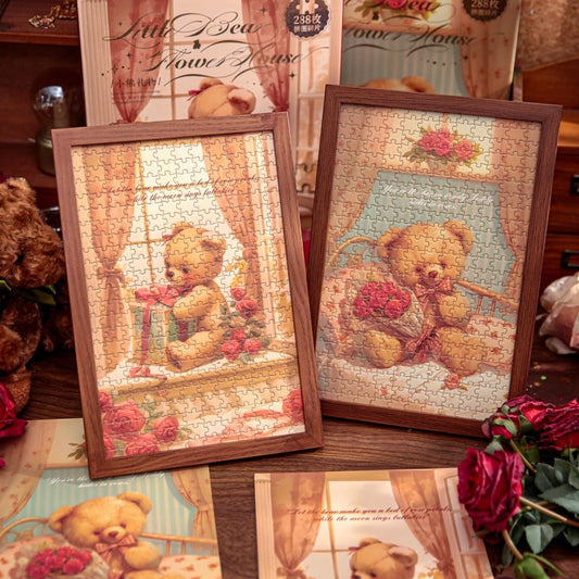 StationeryHaul two framed teddy bear puzzles with floral accents. One shows a bear with a gift, the other with a bouquet.