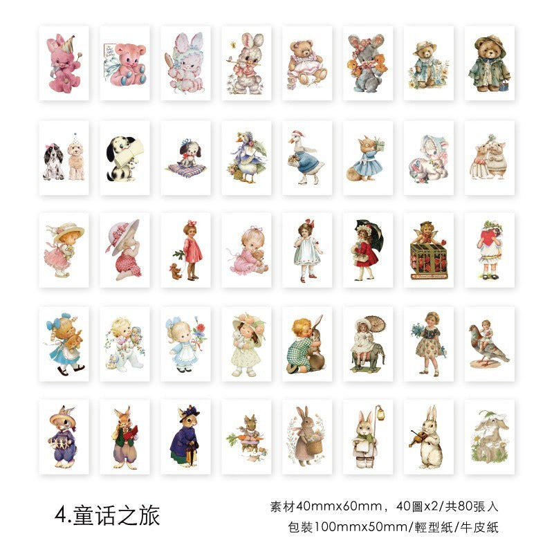 StationeryHaul vintage-style sticker set featuring 40 unique whimsical illustrations of animals and children.