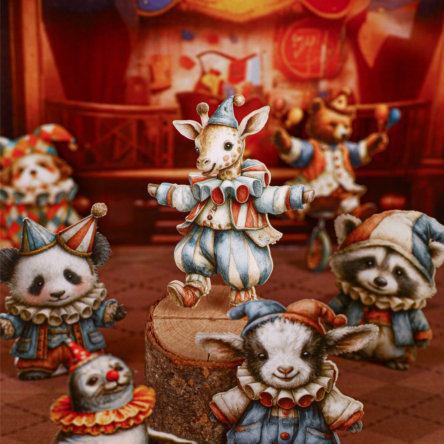 StationeryHaul Vintage Circus Animal Sticker Set: giraffe, panda, raccoon, bear, goat, seal in costumes. For crafting.