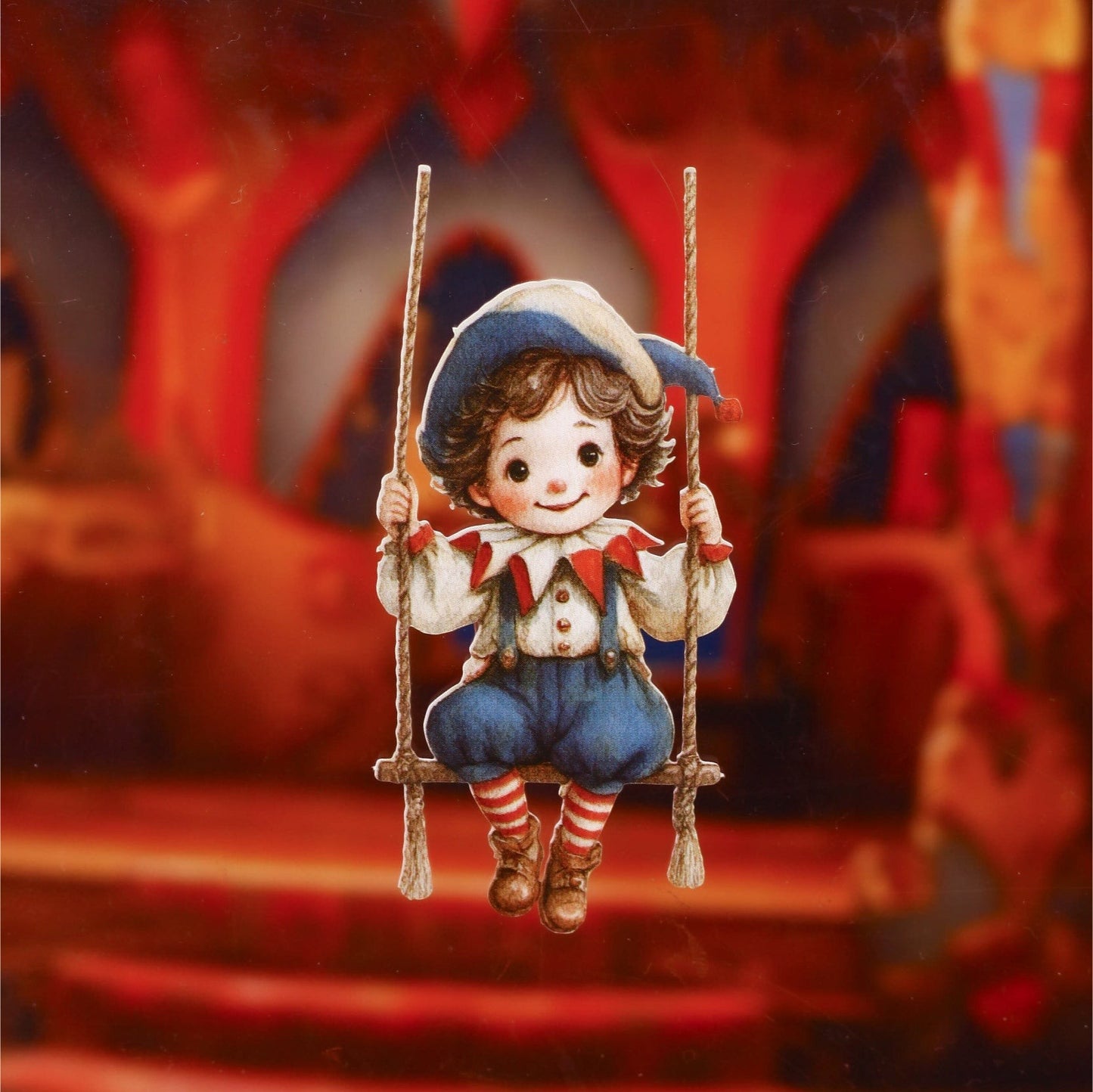 StationeryHaul vintage circus sticker of a smiling child in a jester outfit on a swing.