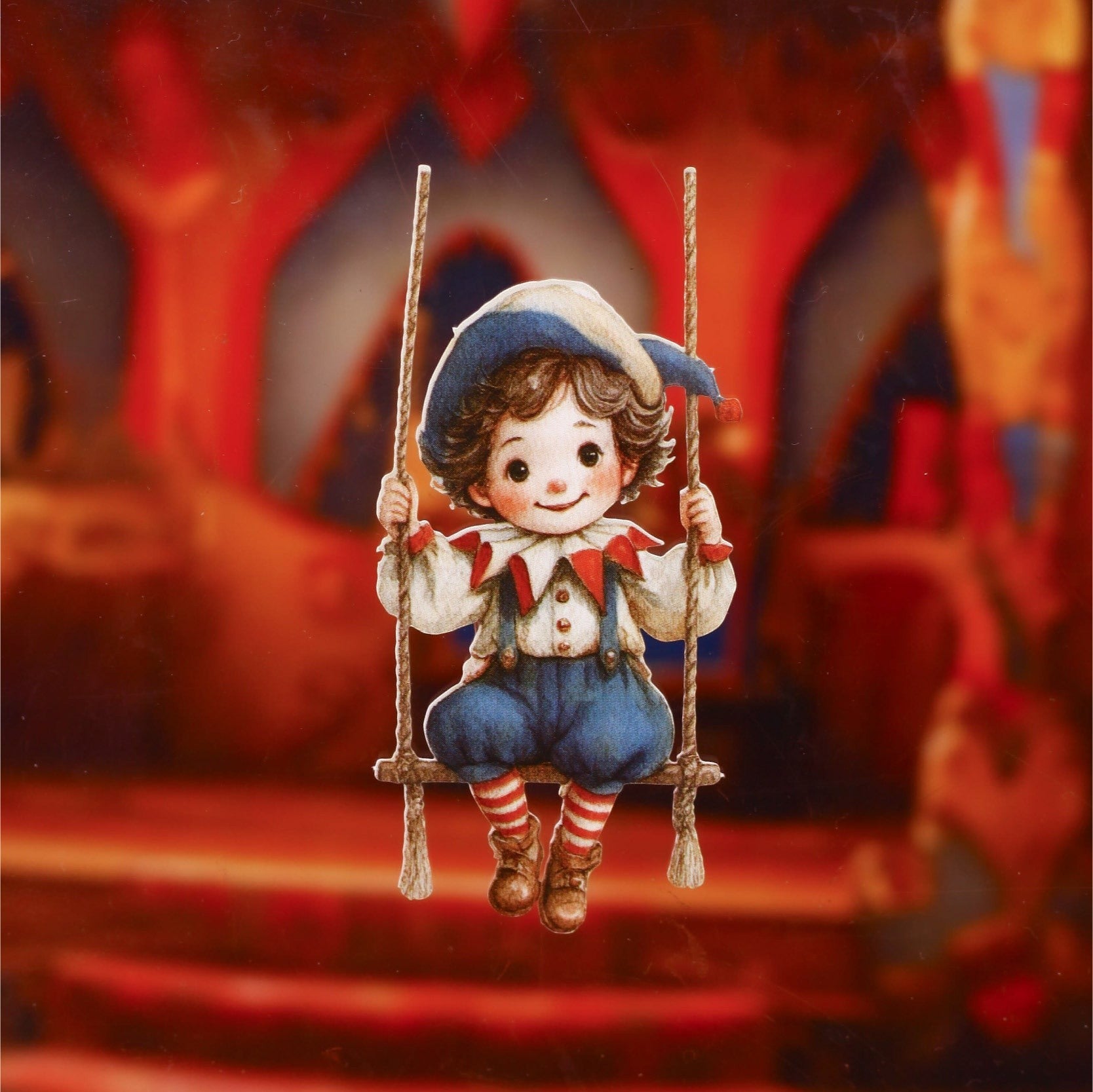 StationeryHaul vintage circus sticker of a smiling child in a jester outfit on a swing.