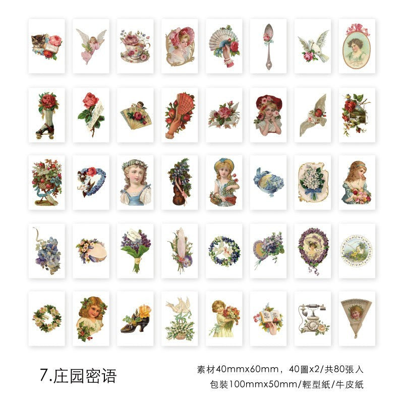 StationeryHaul vintage style sticker set featuring floral, Victorian girl, and antique object illustrations.