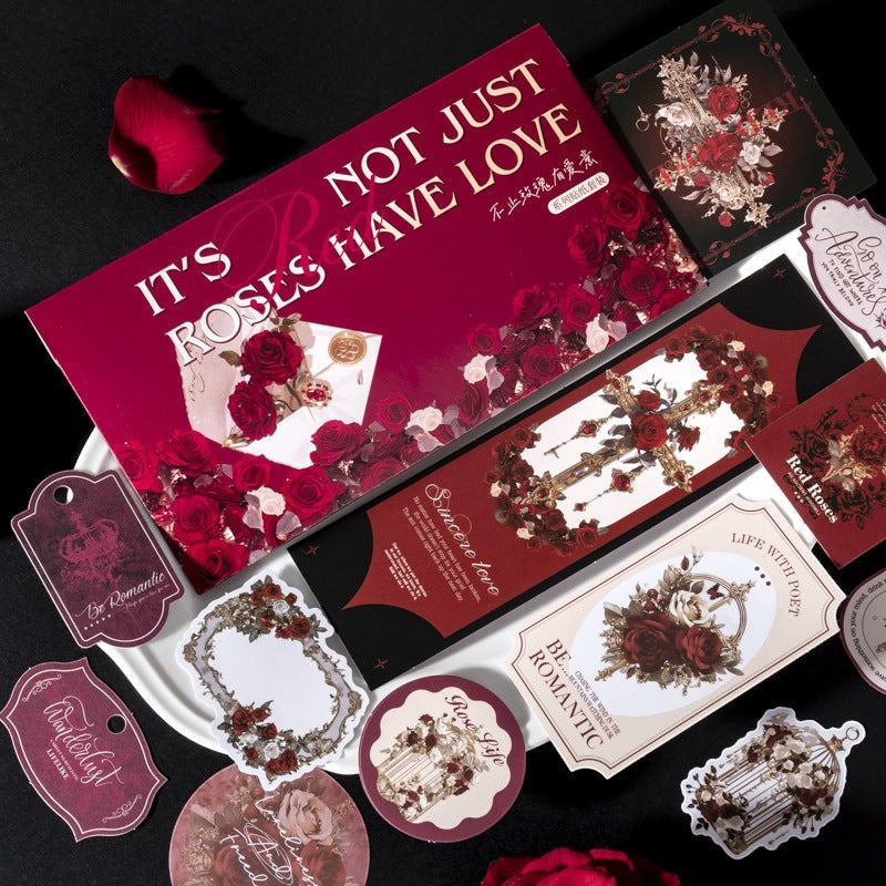 StationeryHaul vintage rose decorative sticker set with crimson, burgundy, and blush roses. Includes quotes and floral designs for journaling.