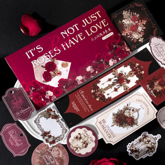 StationeryHaul vintage rose decorative sticker set with crimson, burgundy, and blush roses. Includes quotes and floral designs for journaling.
