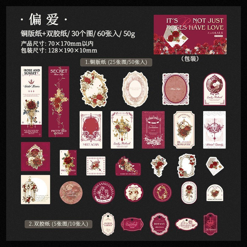 StationeryHaul vintage rose decorative sticker set with crimson and burgundy roses, ornate frames, and inspirational quotes on paper with a matte finish.