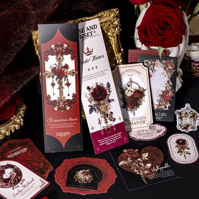 StationeryHaul vintage rose decorative stickers feature crimson and burgundy roses, gold accents, and romantic text on paper with a matte finish.