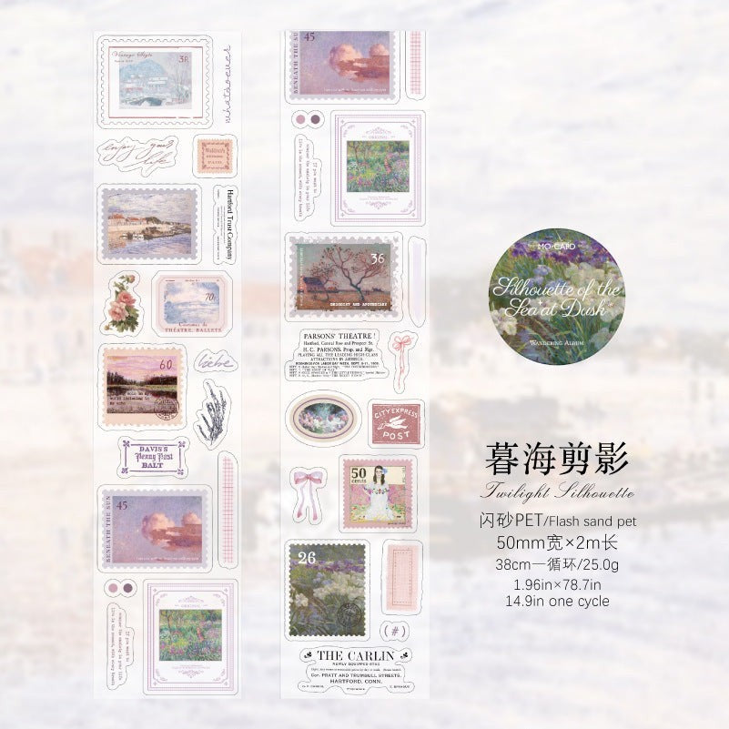 StationeryHaul vintage postage stamp and landscape decorative washi tape set with floral and scenic designs.
