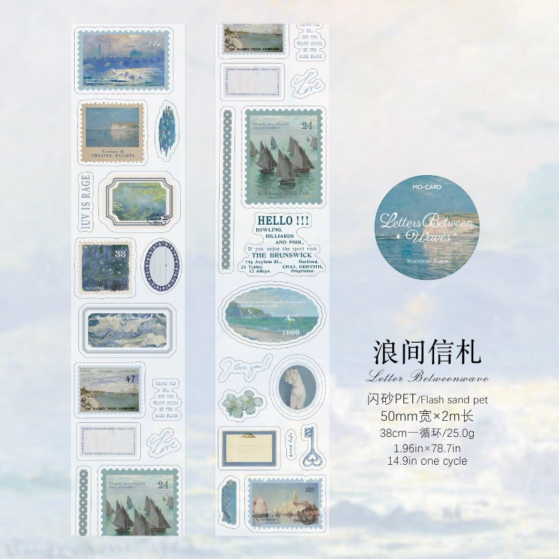 StationeryHaul vintage postage stamp and landscape decorative washi tape set with blue and white scenic art.