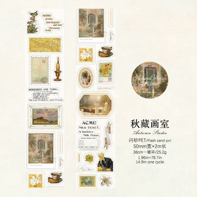 StationeryHaul vintage postage stamp and landscape decorative washi tape set with floral, candle, and scenic motifs.