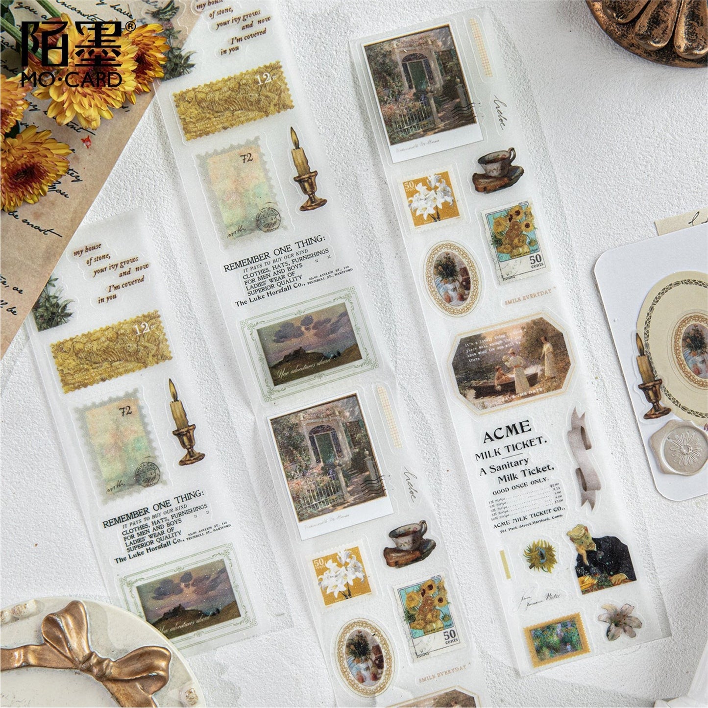 StationeryHaul vintage postage stamp and landscape decorative washi tape with floral and candle designs.