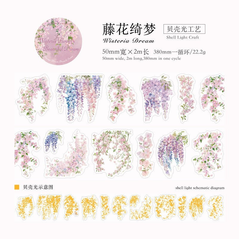 StationeryHaul Candy Poetry Floral Washi Tape Collection features delicate pink, purple, and blue wisteria and floral designs on translucent tape.