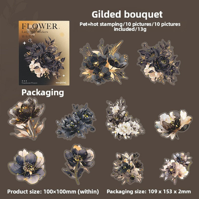 StationeryHaul watercolor floral stickers with gold foil accents in black, white, and gold. Set includes 10 translucent stickers for journaling.