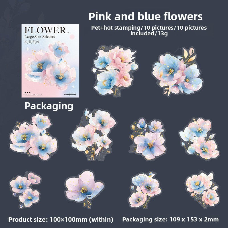 StationeryHaul watercolor floral stickers in pink, blue, and purple with gold foil accents. Translucent PET material.