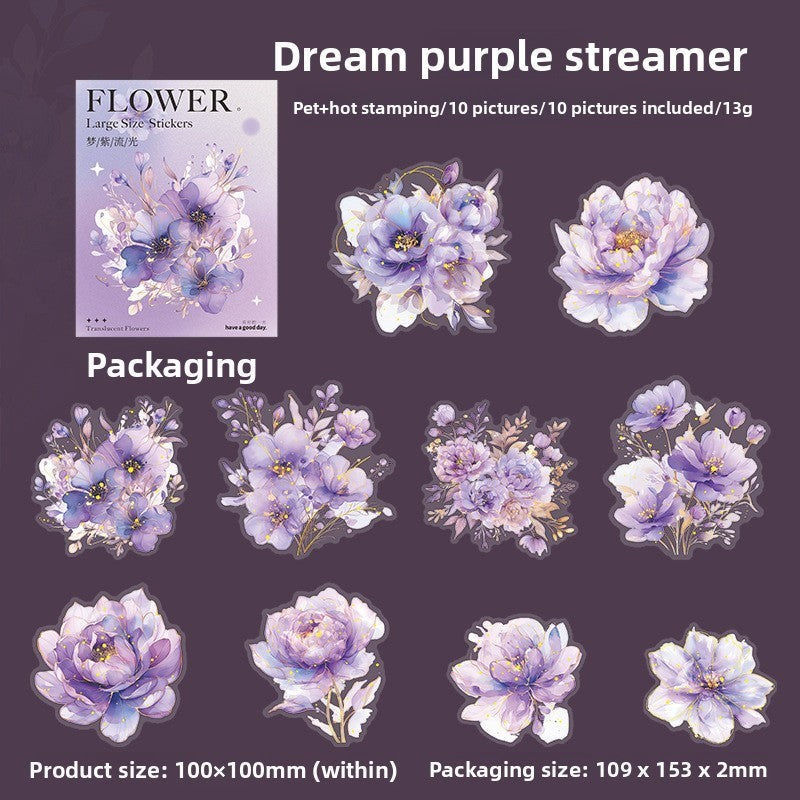 StationeryHaul watercolor floral stickers in purple, pink, and blue hues with gold foil accents. Translucent, waterproof material.