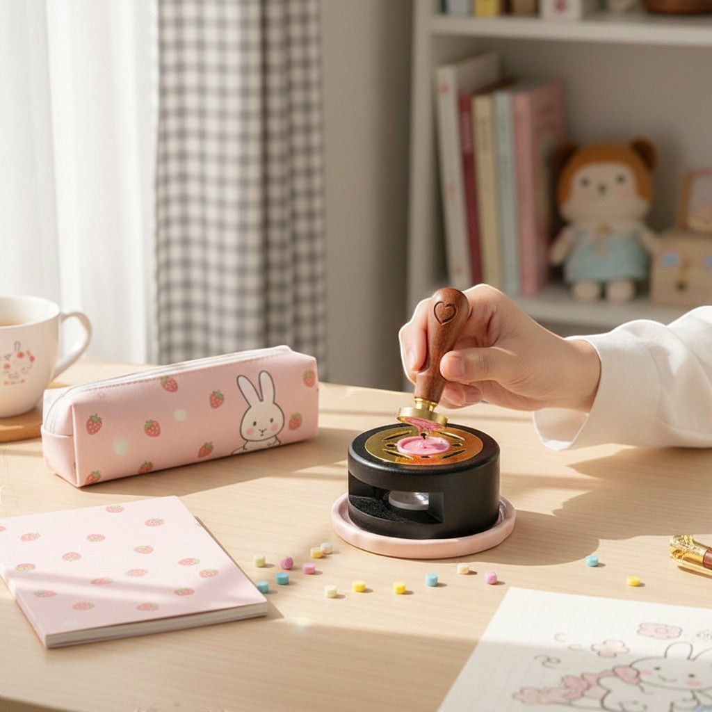 StationeryHaul black wax seal melting furnace with pink wax, held by a hand with a wooden stamp.